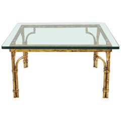 Italian Gold Gilt Iron and Glass Faux Bamboo Metal Square Coffee Table Vintage