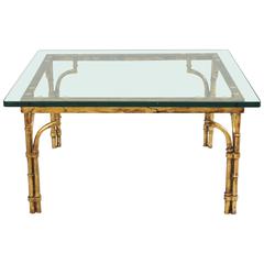 Italian Gold Gilt Iron and Glass Faux Bamboo Metal Square Coffee Table Vintage
