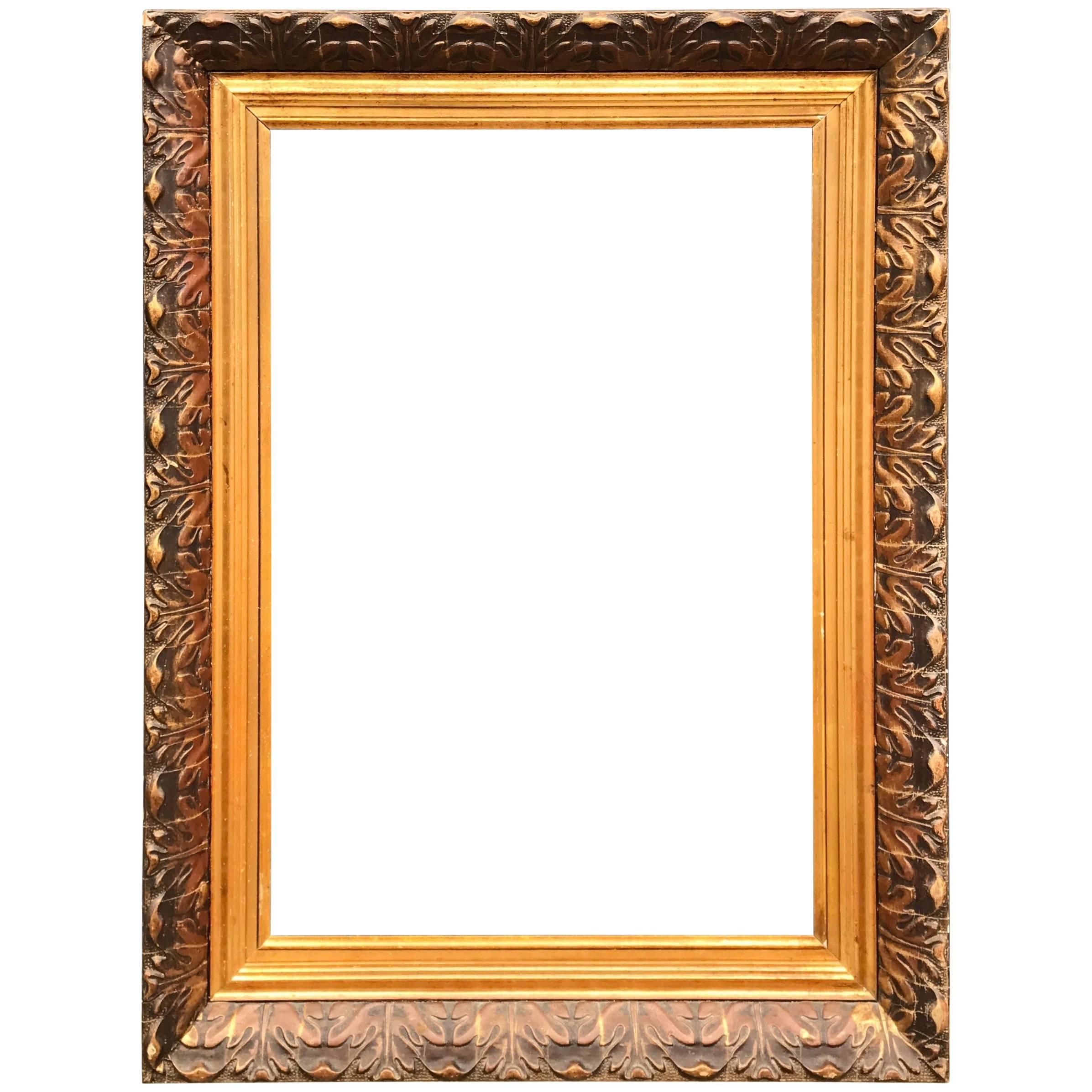 Grande peinture ou cadre de miroir ancien doré décoratif avec motifs de feuilles en vente