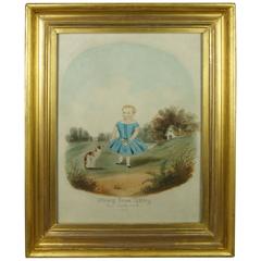 19th Century Folk Art Cat and Child Watercolor Painting Lemon Gilt Frame 12
