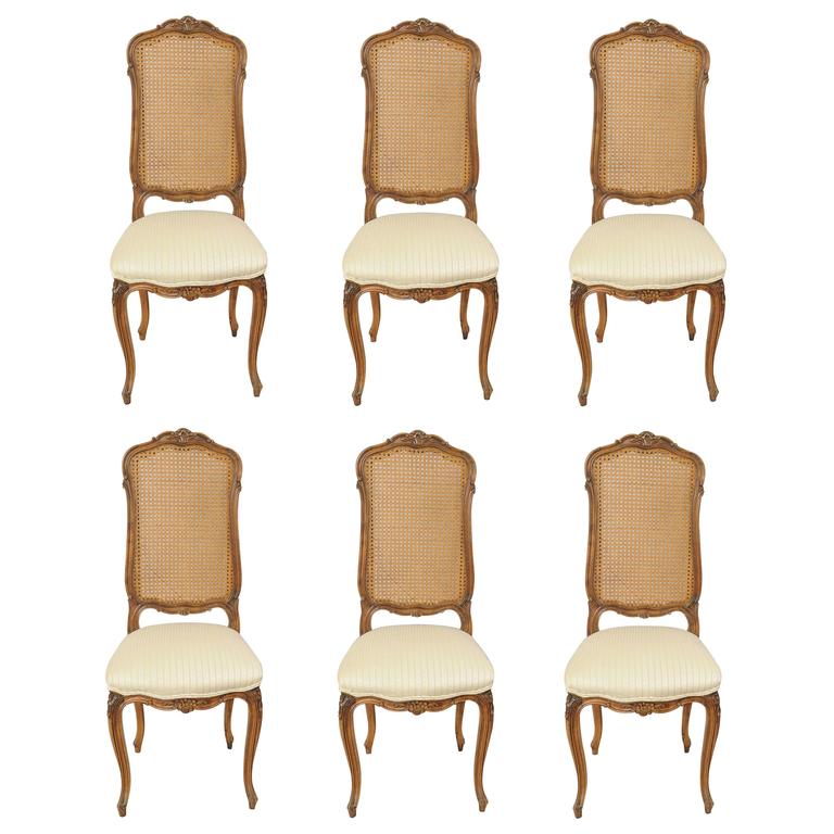 Set of Six French Country Louis XV Style Cane Back Walnut Dining Side