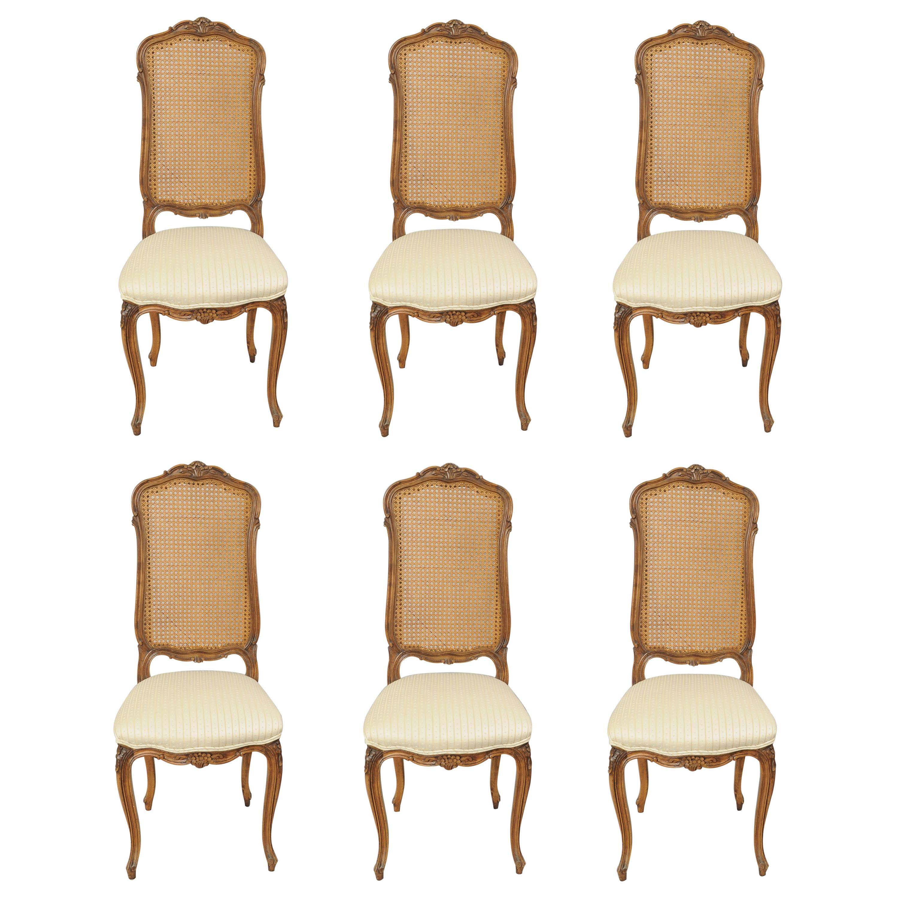 Set of Six French Country Louis XV Style Cane Back Walnut Dining Side Chairs