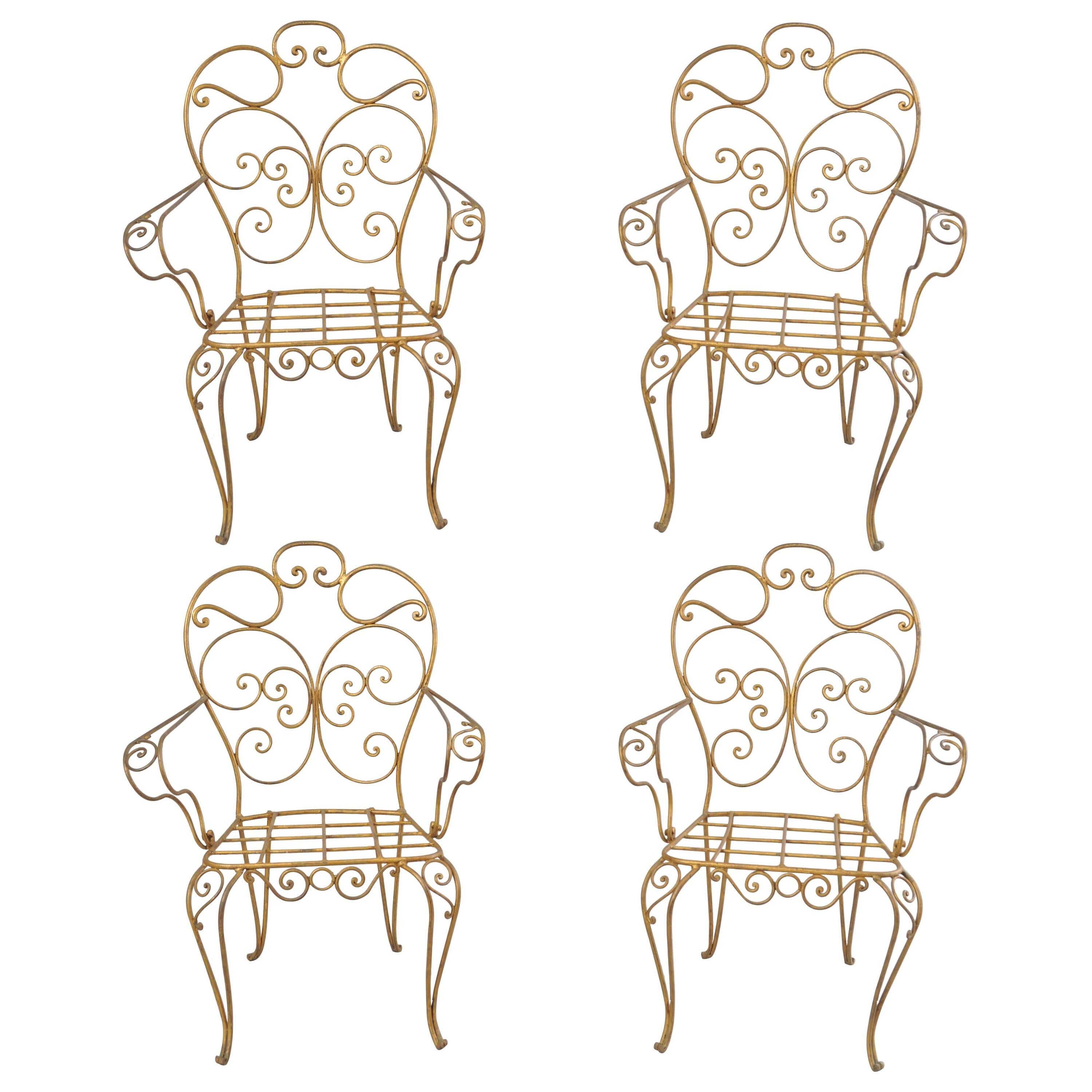 Set of Four Italian Hollywood Regency Gold Iron Metal Garden Patio Arm Chairs