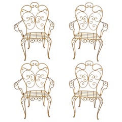 Set of Four Italian Hollywood Regency Gold Iron Metal Garden Patio Arm Chairs