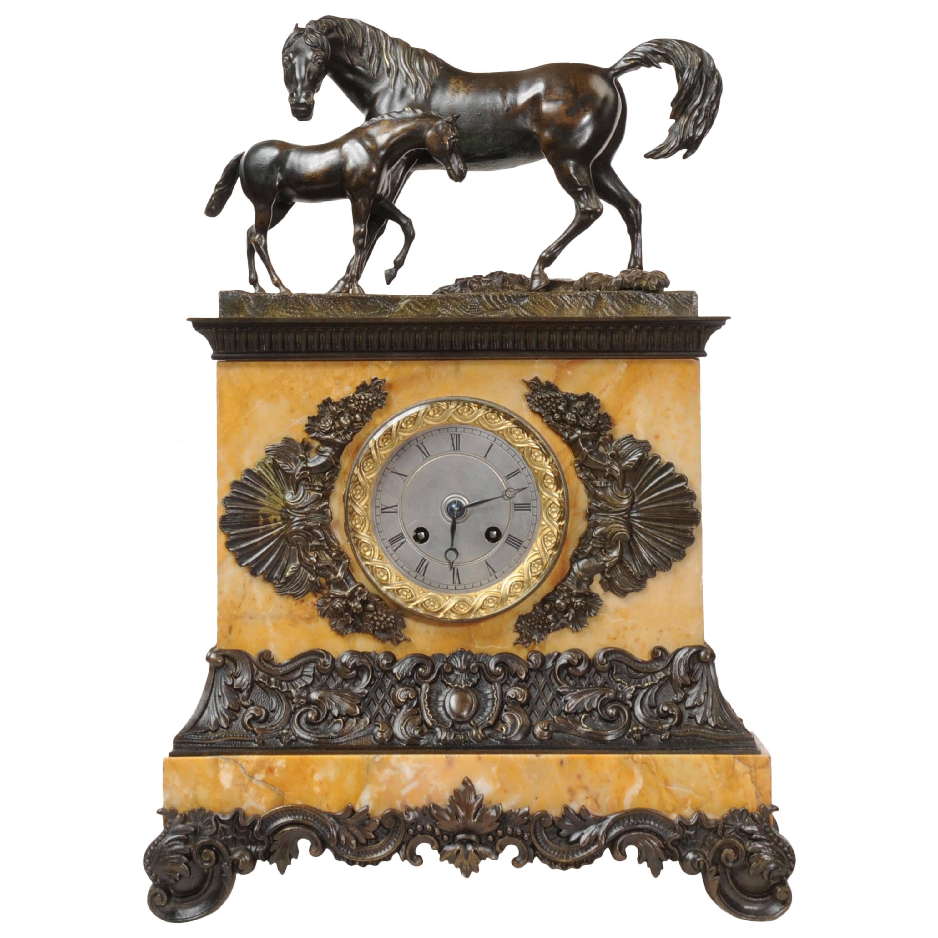 Fine and Early Bronze and Sienna Marble Horses, Mare Tending Her Foal circa 1820 For Sale