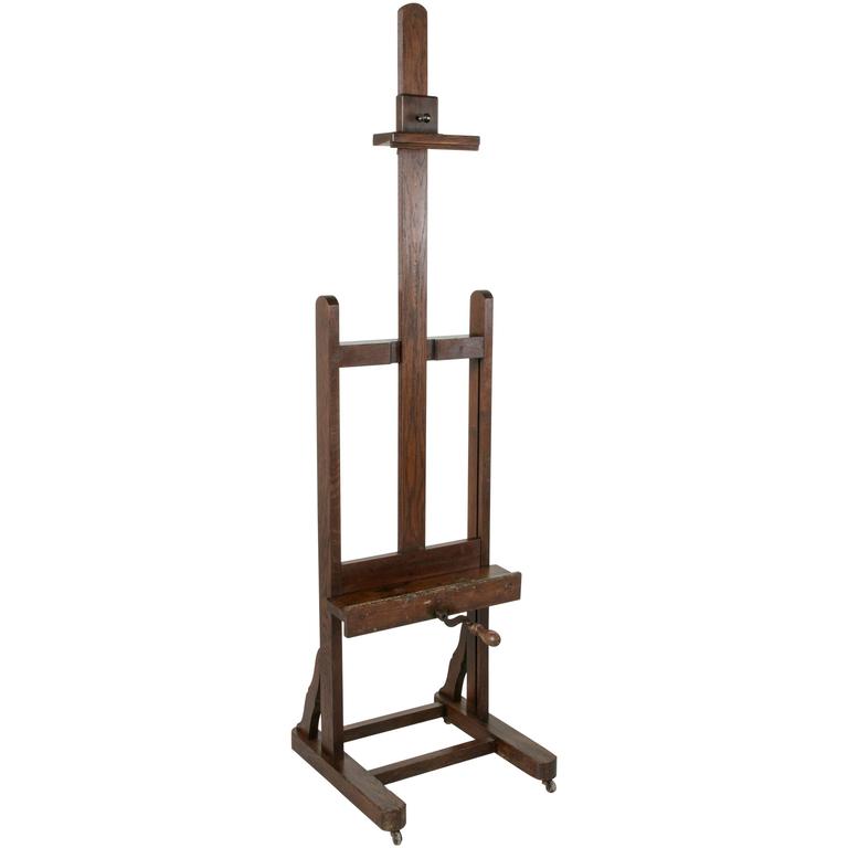 Antique French Artisan Made Oak Floor Easel With Adjule Tray At Early 20th Century French Oak Floor Easel With Adjule Tray And Crank