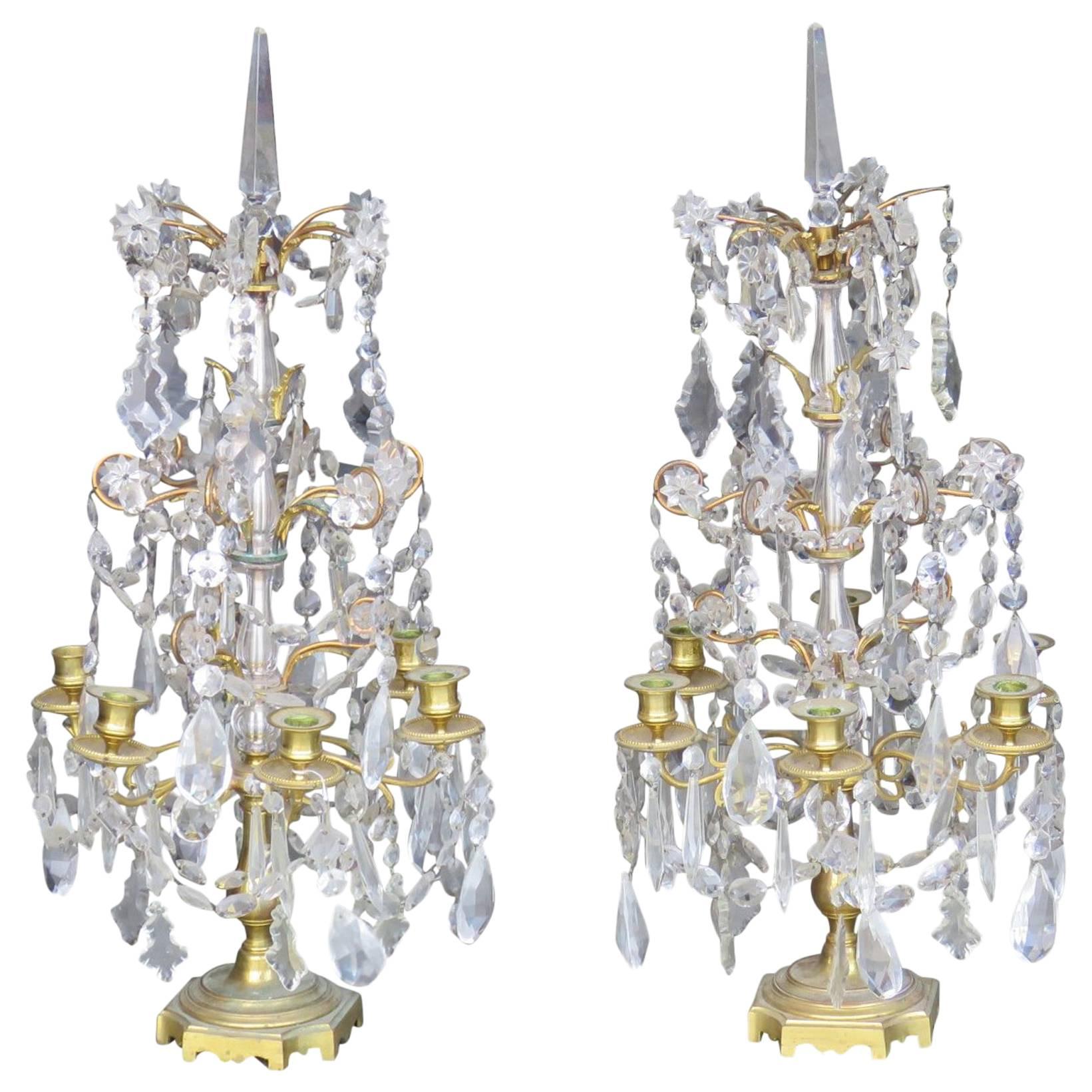 Pair of Regency Style Brass and Prism Candelabras