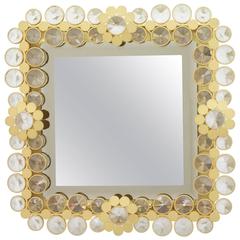 Huge Illuminated Wall Mirror in Solid Brass and Crystal Glass, 1960s