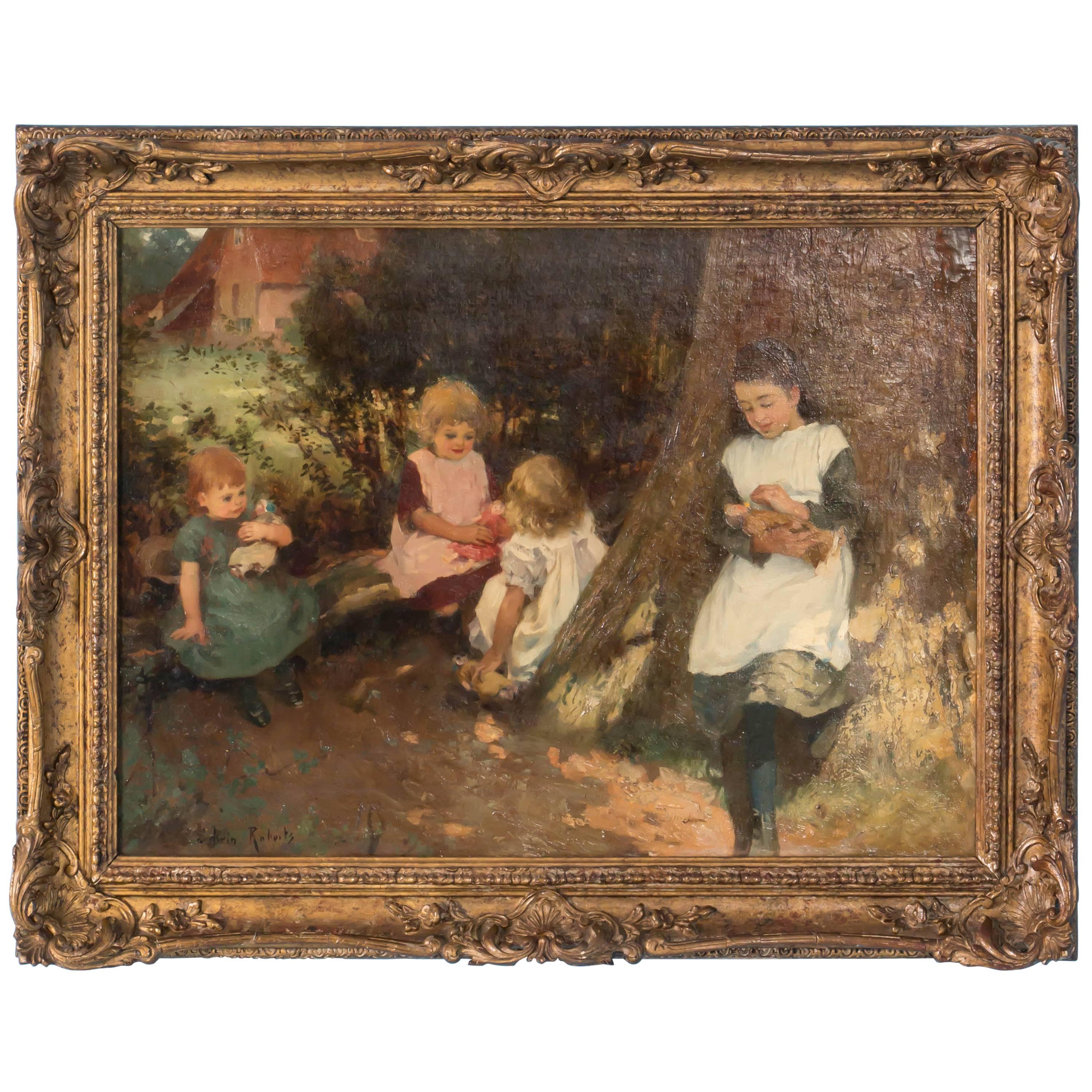 Antique 19th Century Oil Painting of Children Playing, Signed Edwin Roberts