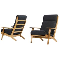 Pair of Hans J. Wegner 1960s Highback Oak GE 290 Easy Lounge Chairs GETAMA