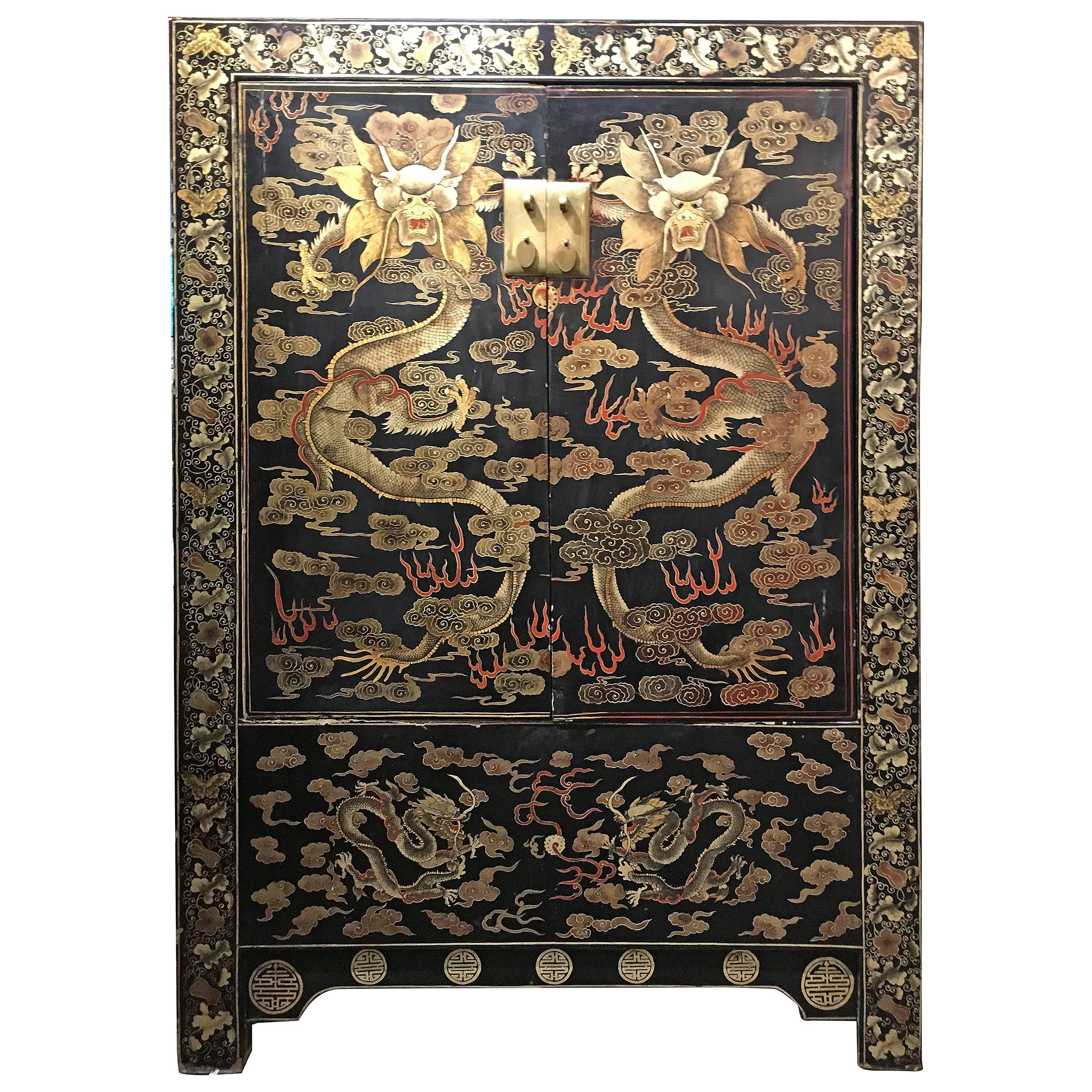 Chinese Black Lacquer Gilt Painted Dragon Cabinet, Late Qing Dynasty