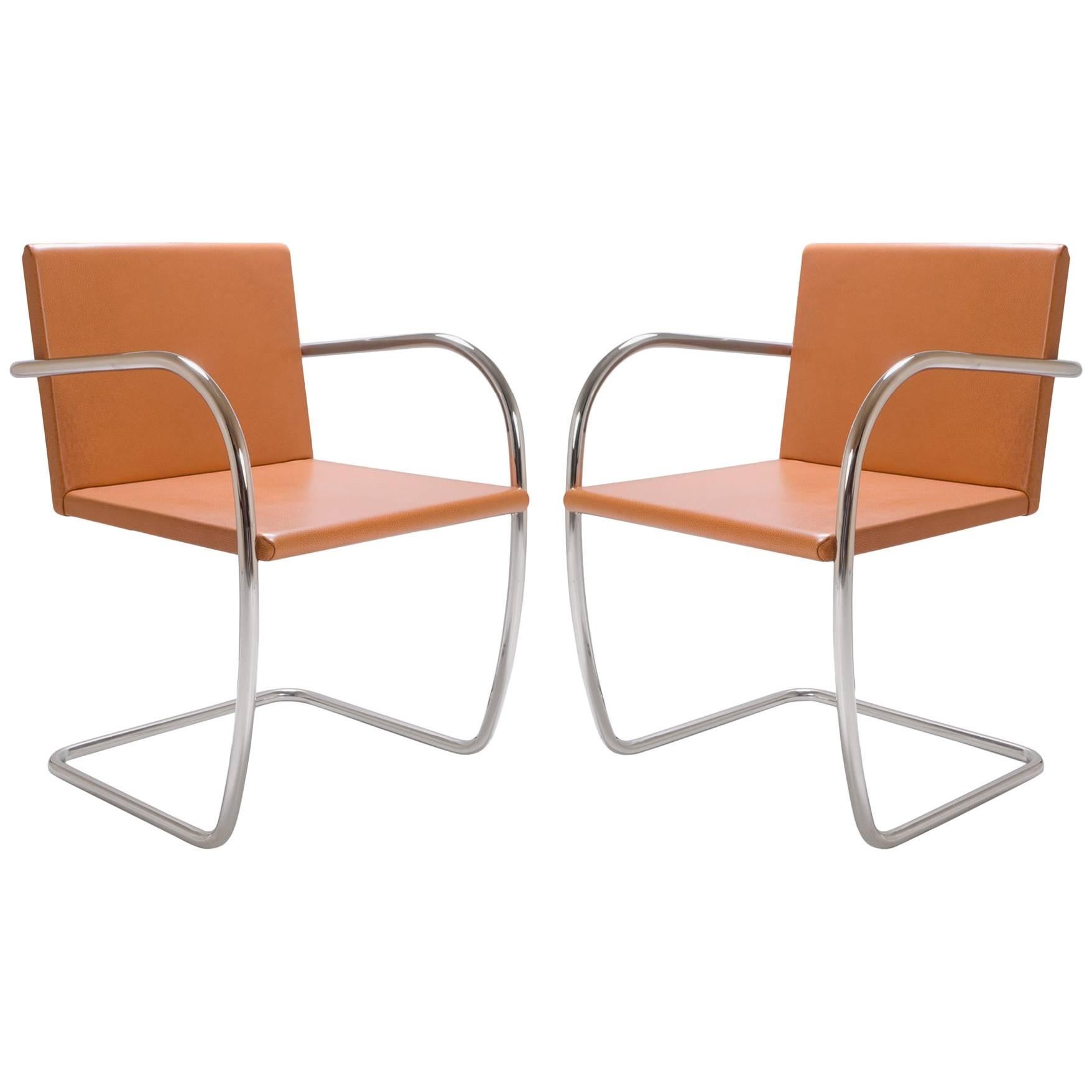 Mies Van Der Rohe for Knoll Brno Tubular Thin-Pad Chairs in Caramel Leather Pair