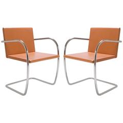 Mies Van Der Rohe for Knoll Brno Tubular Thin-Pad Chairs in Caramel Leather Pair