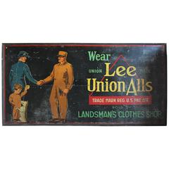 Large Rare 1920s Hand-Painted Tin Sign "Wear Lee Union Alls" 3