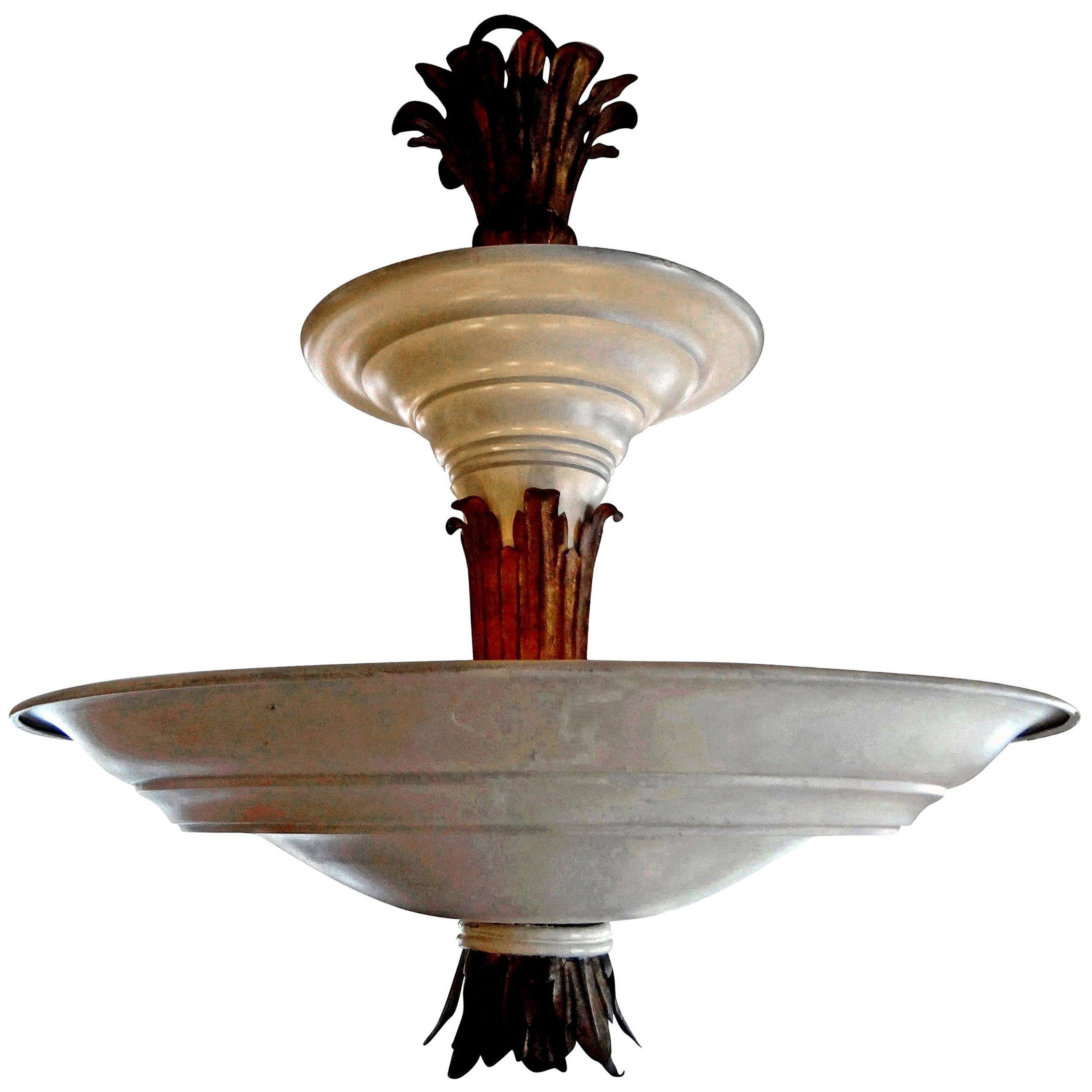 French Art Deco André Arbus Style Tole and Bronze Chandelier For Sale