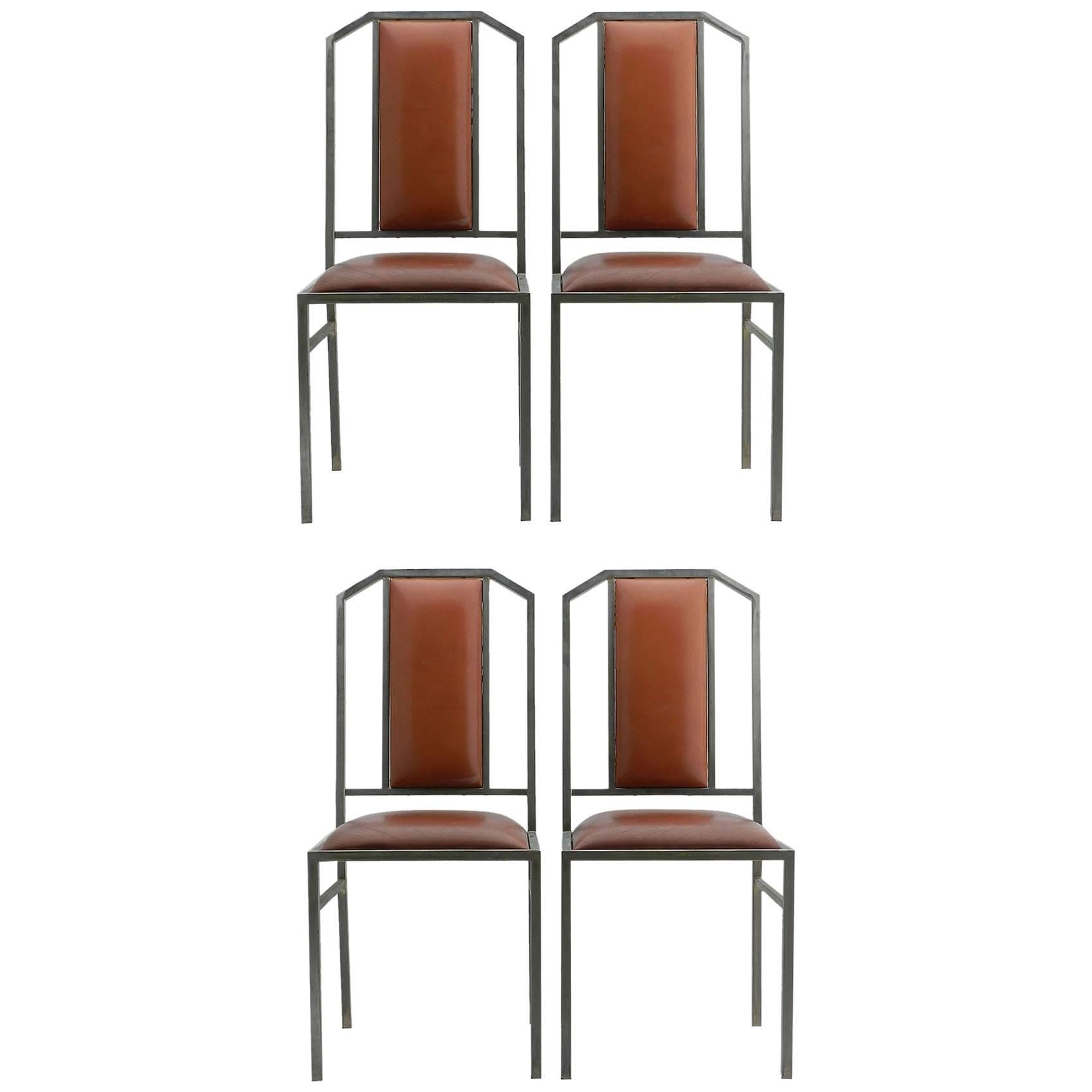 Four Maison Jansen Dining Chairs Leather Brushed Metal French, circa 1970