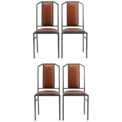 Four Maison Jansen Dining Chairs Leather Brushed Metal French, circa 1970