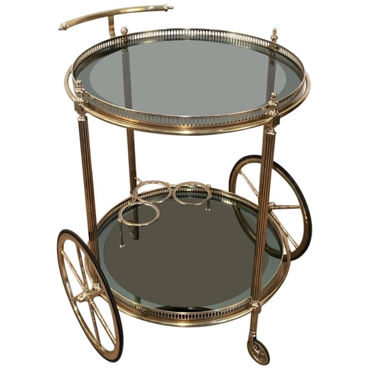 Neoclassical Style Round Brass Bar Cart with Blue Glass Attributed to Jansen