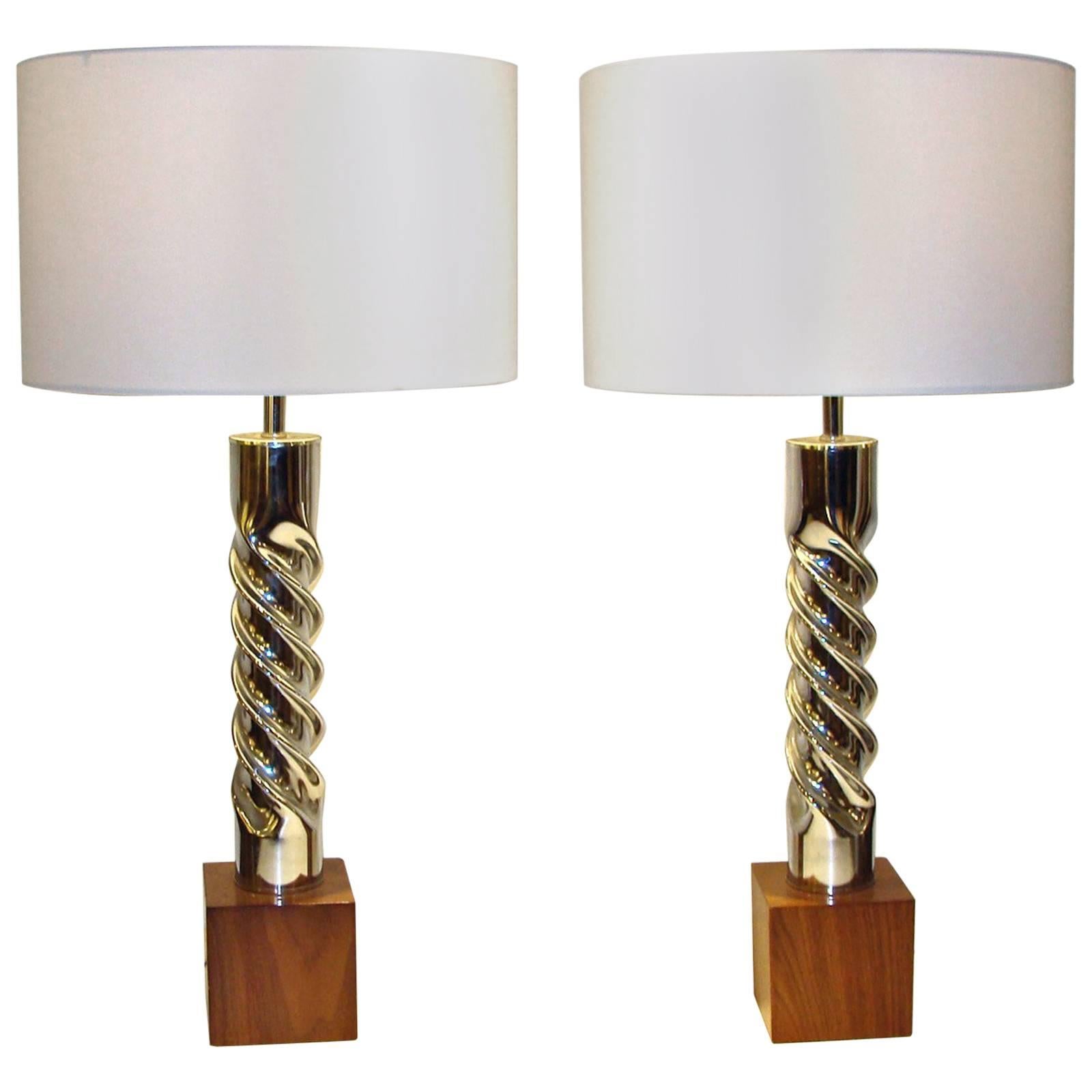 Pair of Mid-Century Chrome "Twist" Table Lamps For Sale