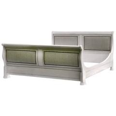 French Sleigh Bed Queen or UK King Size Painted Cherry & Upholstered Linen