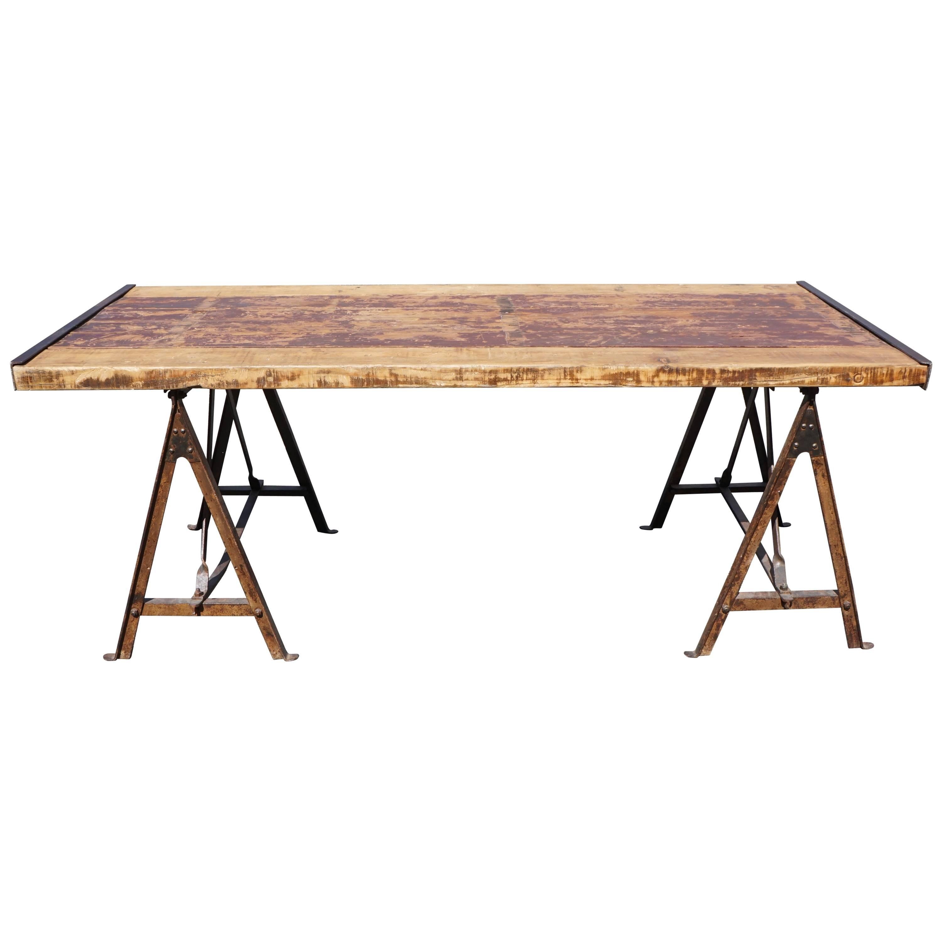 Industrial Table on Saw-Horse Legs For Sale