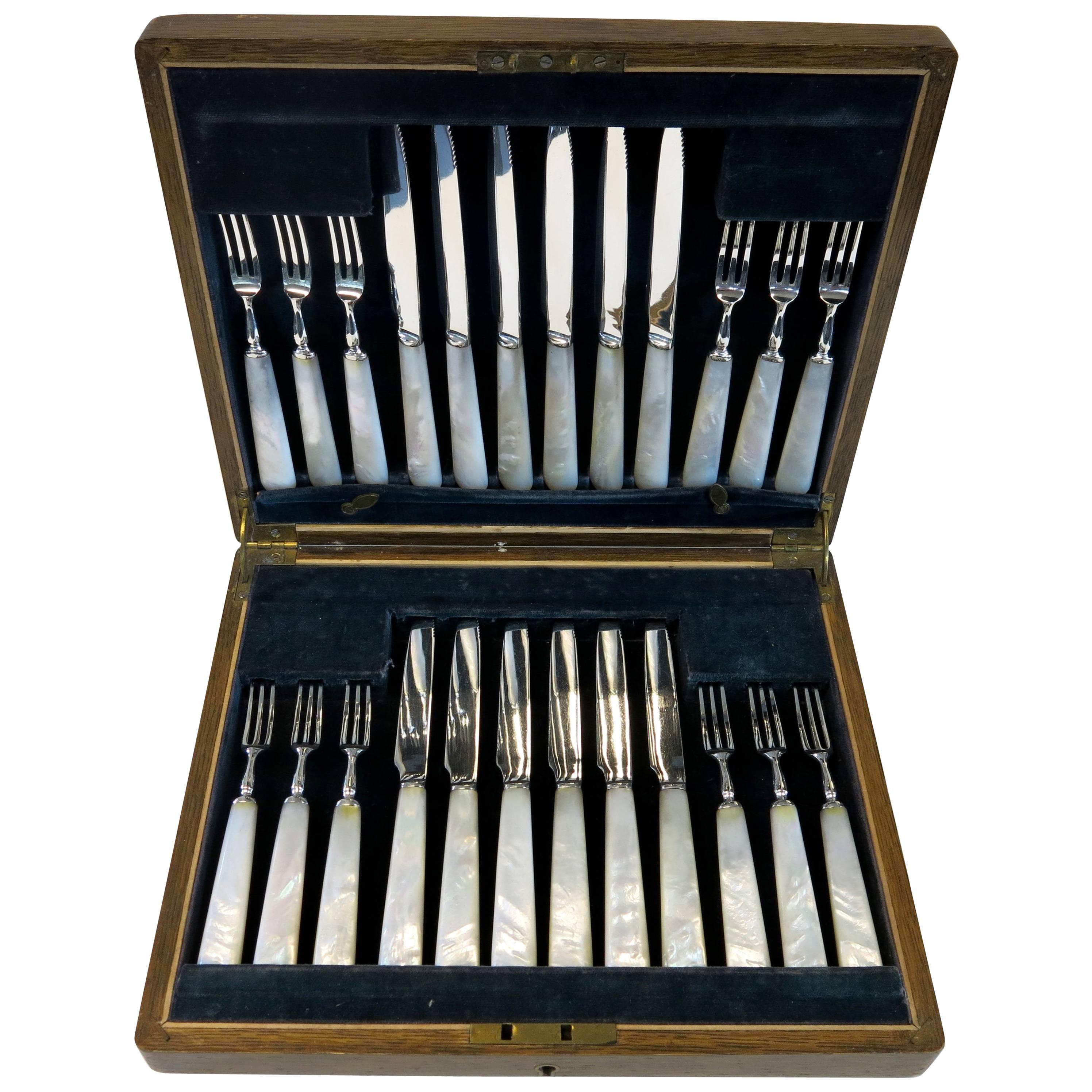 Sterling Silver and Mother of Pearl Boxed Set Knives and Forks For Sale