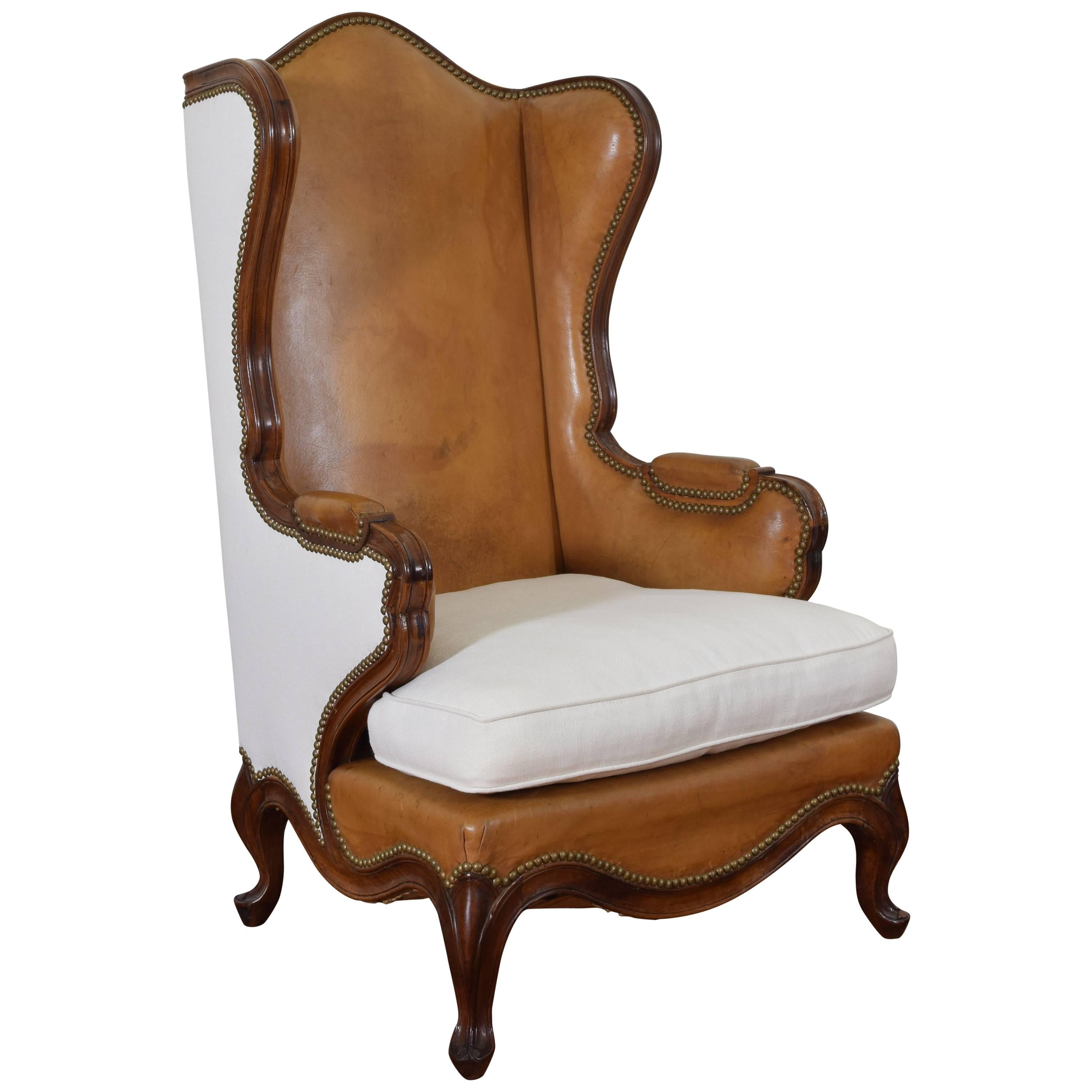 Spanish Rococo Style Walnut, Leather, and Linen Upholstered Bergère