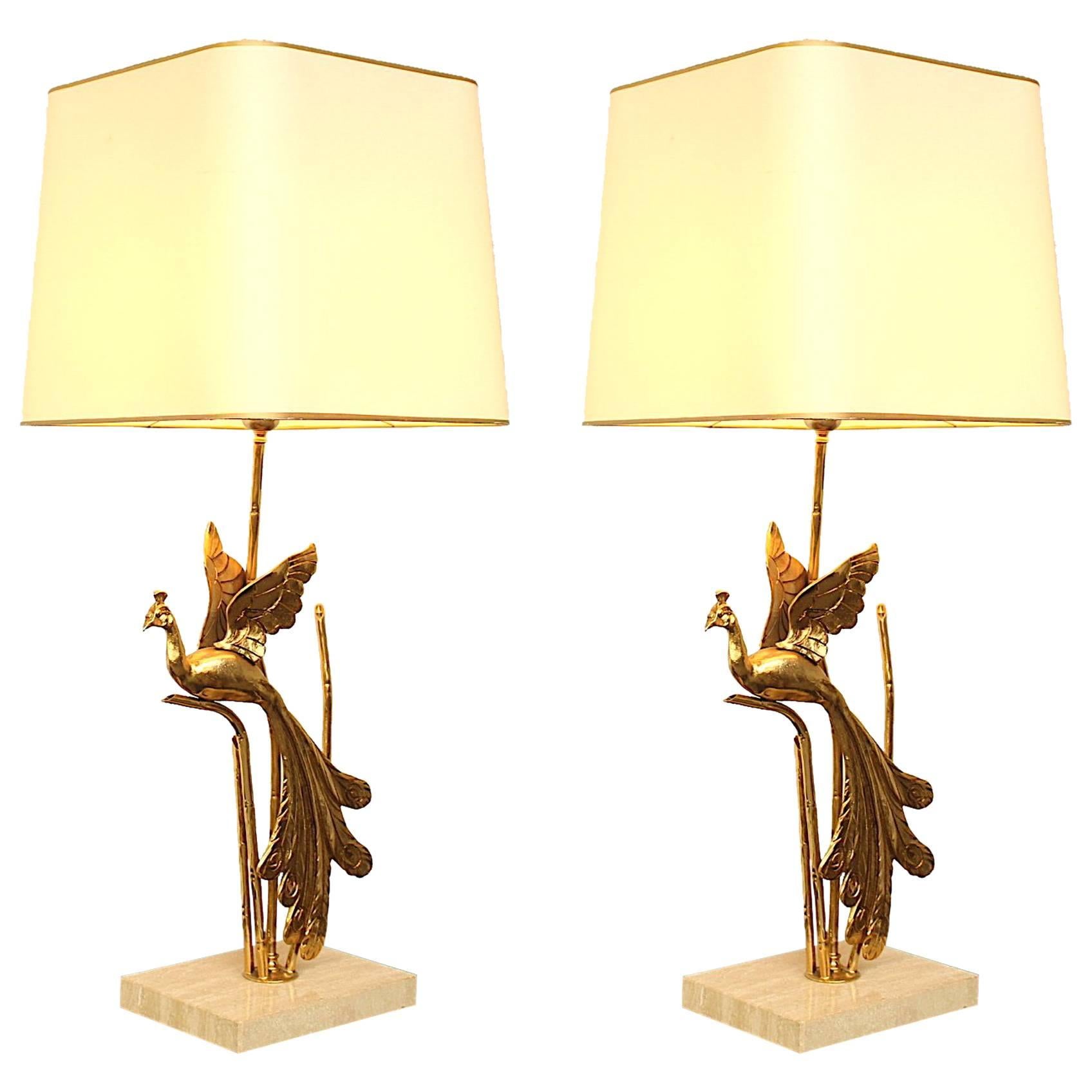 Large Pair of Maison Jansen style Gilt Metal Peacock on Travertine Table Lamp For Sale