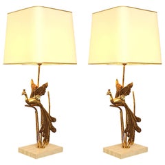 Large Pair of Maison Jansen style Gilt Metal Peacock on Travertine Table Lamp