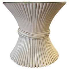 20th Century Round Sheaf of Wheat Rattan Table, Painted with Glass Top
