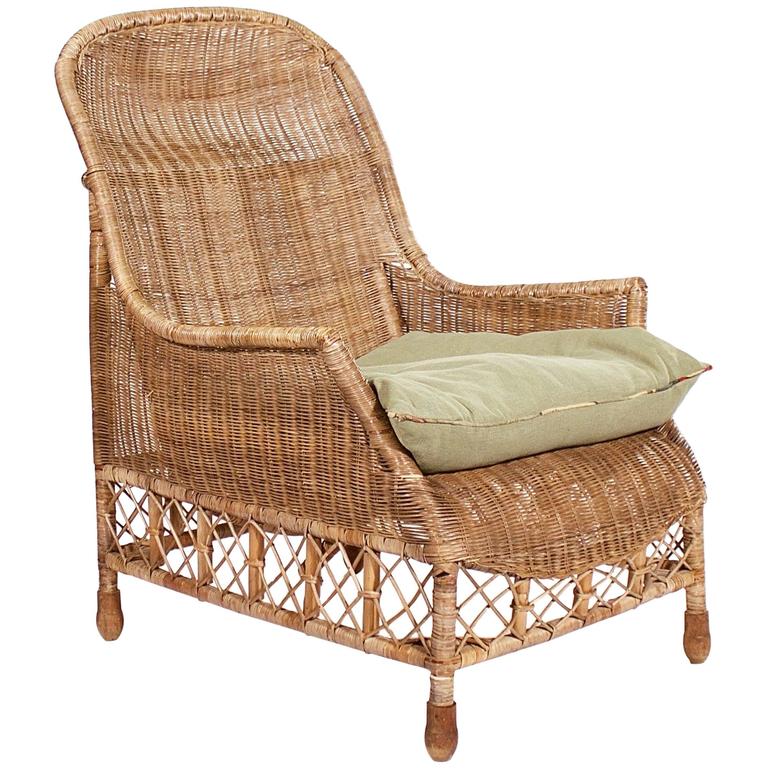 Large wicker and cane armchair, 1930s