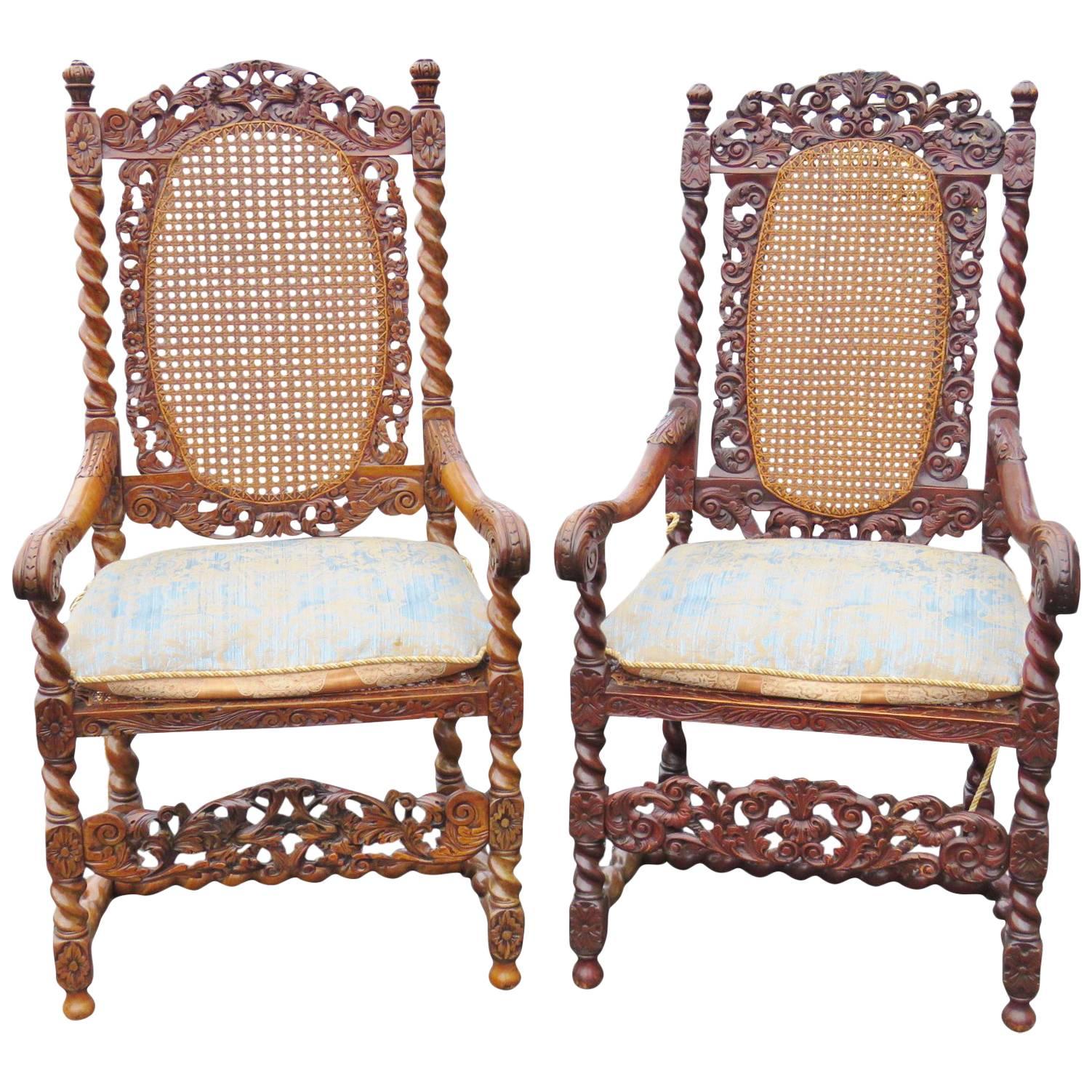 Pair of Barley Twist Caned Throne Chairs