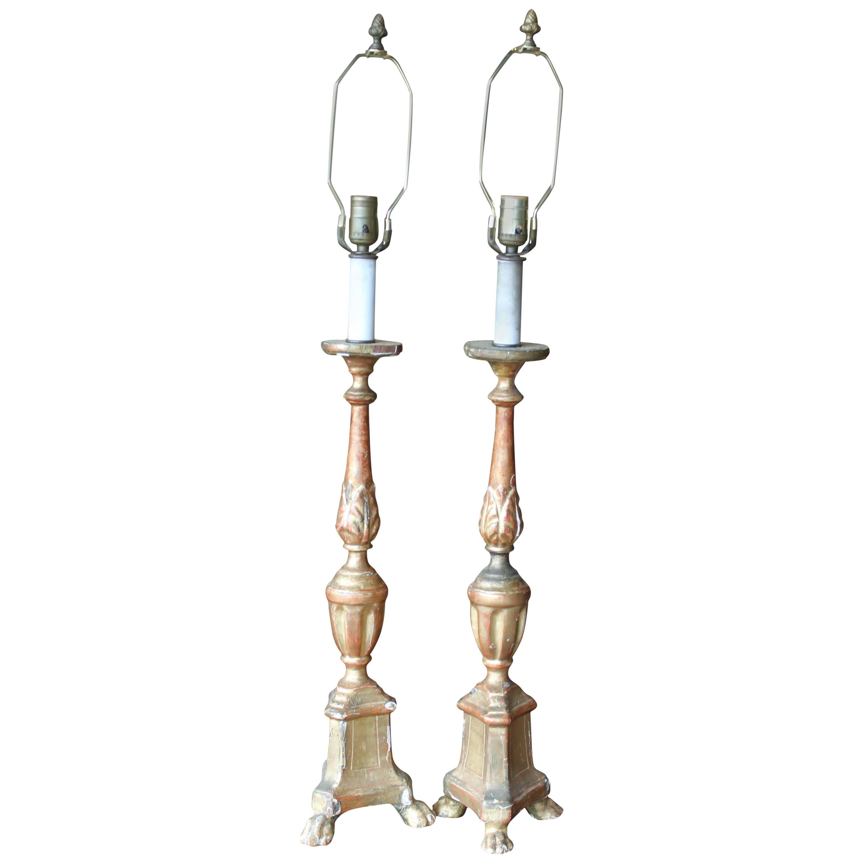 Pair of Italian Baroque Altar Sticks Lamps For Sale