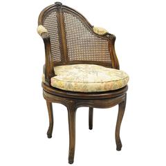 Vintage French Country Louis XV Style Swivel Vanity Chair Cane Back Boudoir Seat Walnut