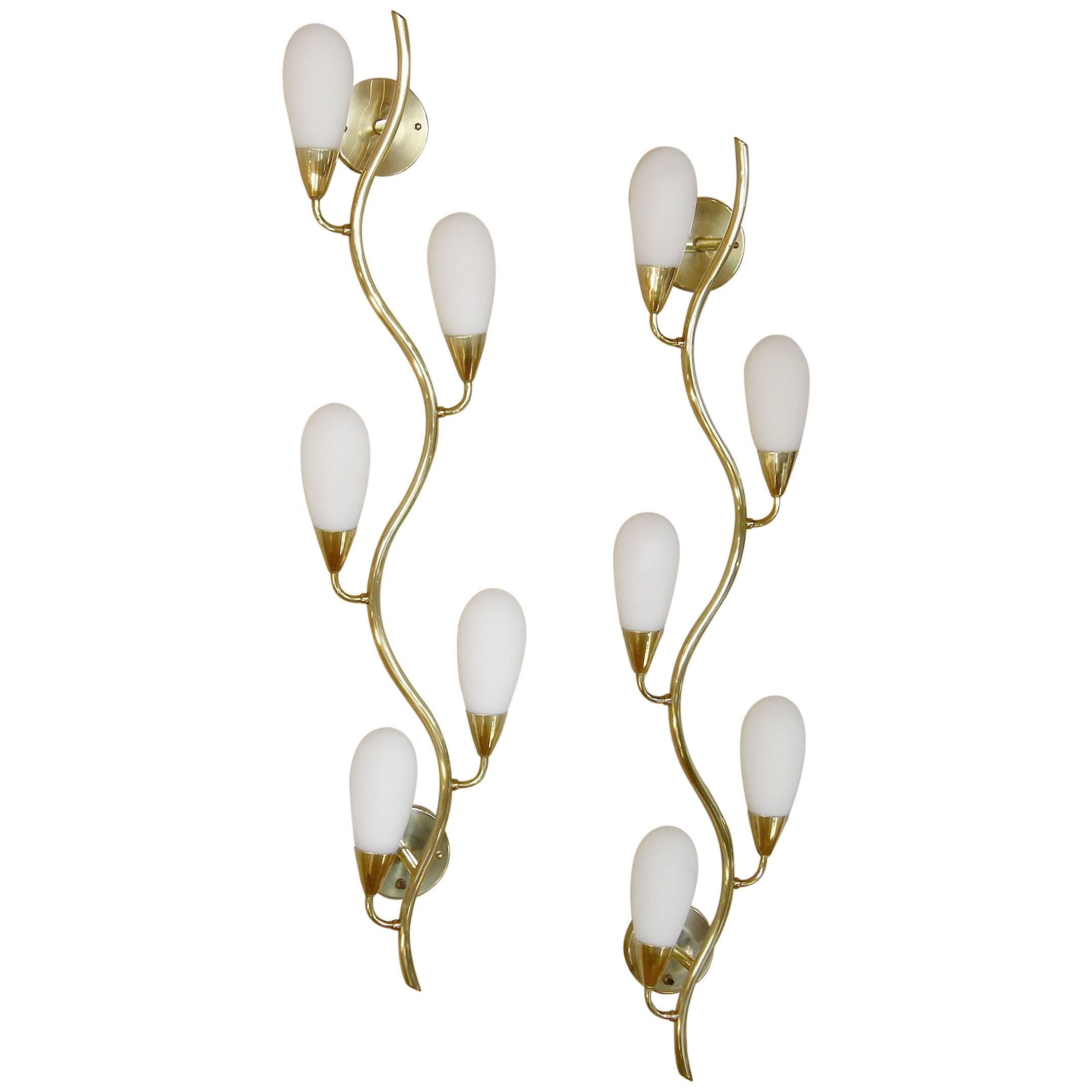Pair of Brass and Glass Flora Form Wall Lamps