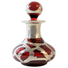 Ruby Glass Art Nouveau Perfume Bottle with Silver Overlay