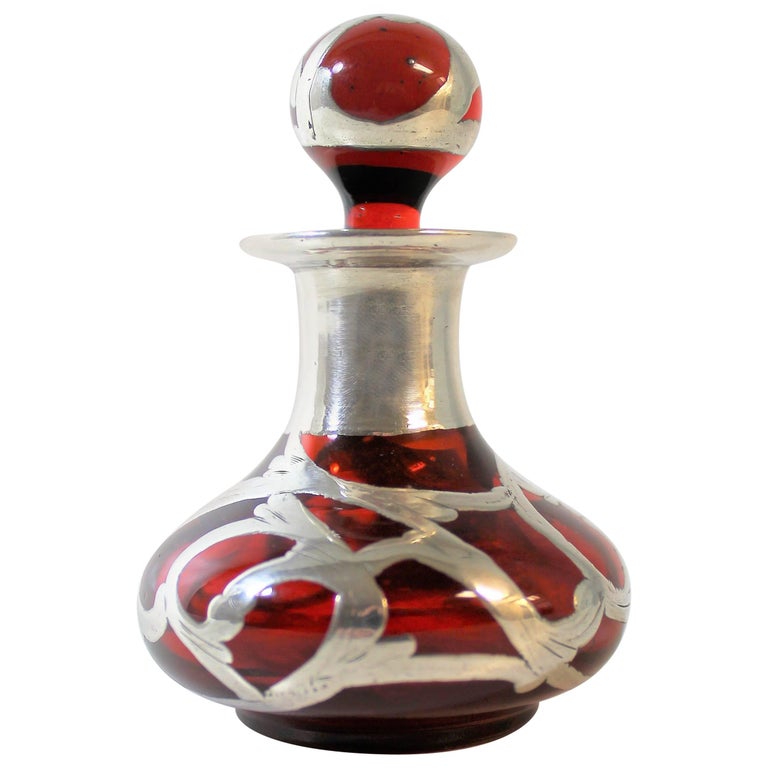Ruby Glass Art Nouveau Perfume Bottle with Silver Overlay