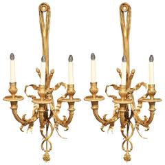 Large Tall Pair of 19th Century French Louis XVI Bronze Three-Light Sconces 11