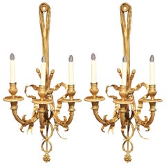 Pair of 19th Century French Louis XVI Bronze Doré Three-Light Wall Sconces