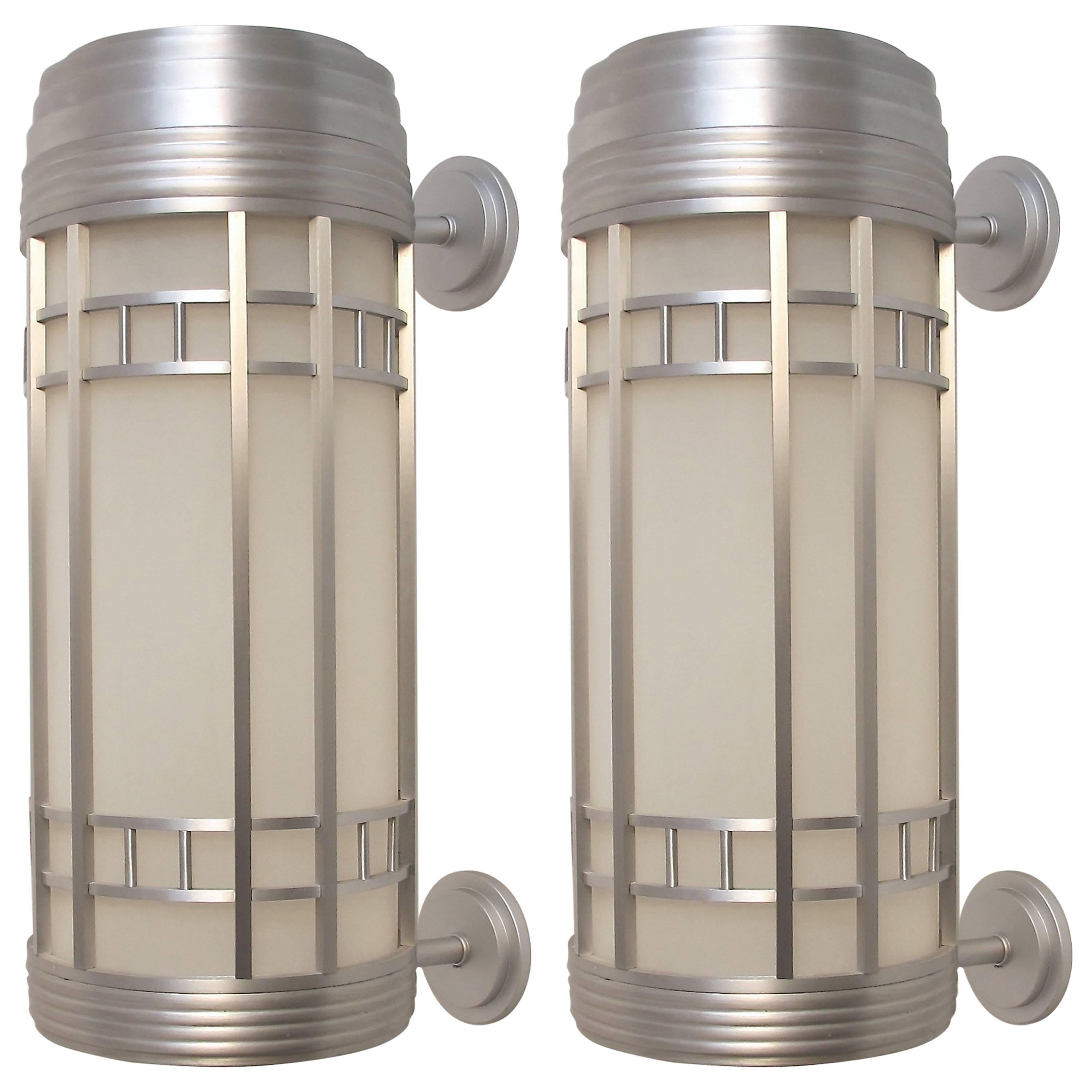 Large Streamlined Moderne Light Fixtures Sconces, American Mid 20th Century For Sale