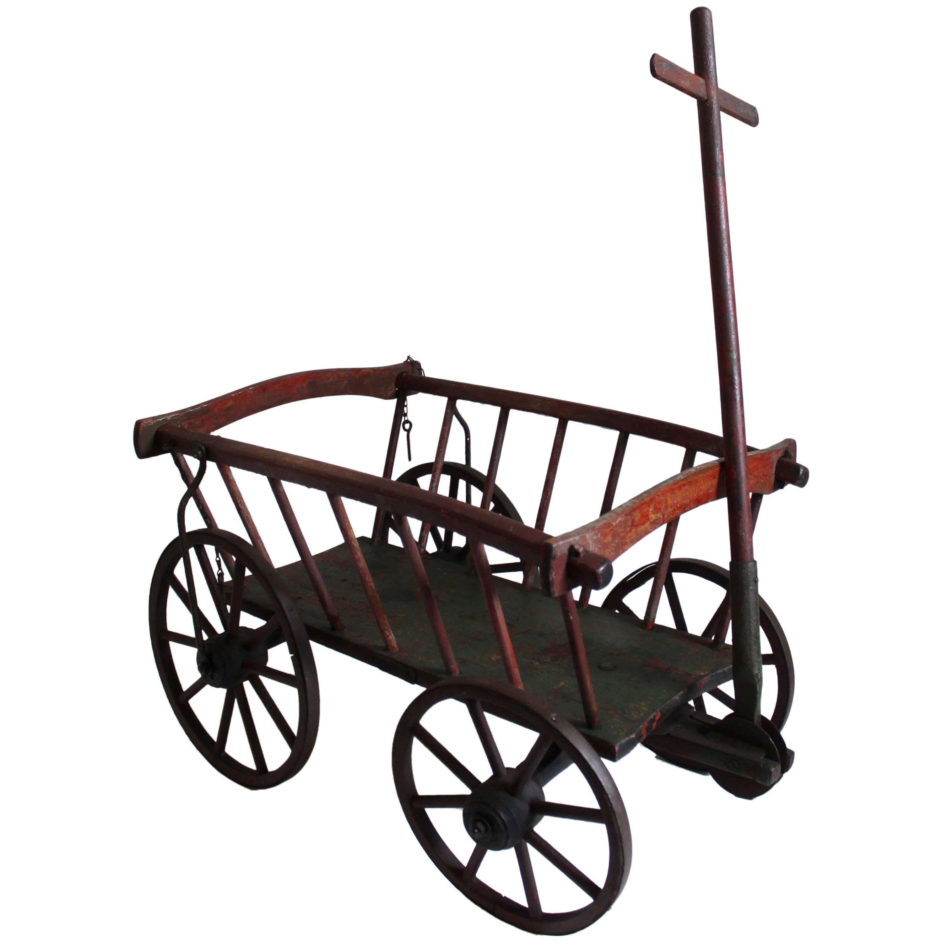 19th Century Rustic Original Red Painted Childs Wagon