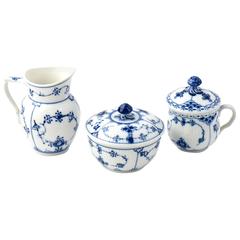 Royal Copenhagen Blue Fluted Pattern Sugar, Creamer and Covered Custard Cup Set