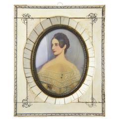 Antique Hand-Painted Portrait of Woman on Celluloid in Bone Frame