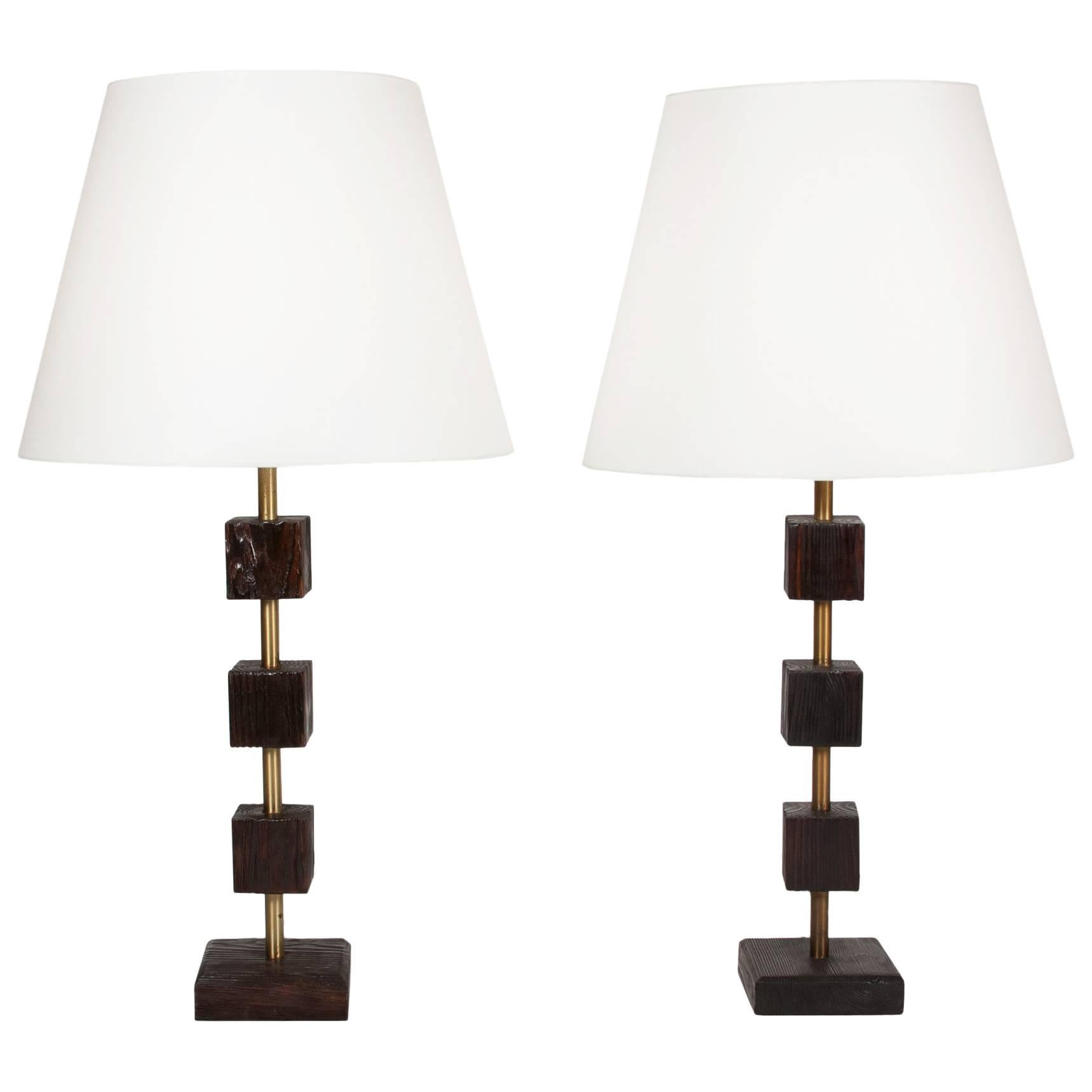 Pair of Ebonized Pine Table Lamps, American, 1950s For Sale