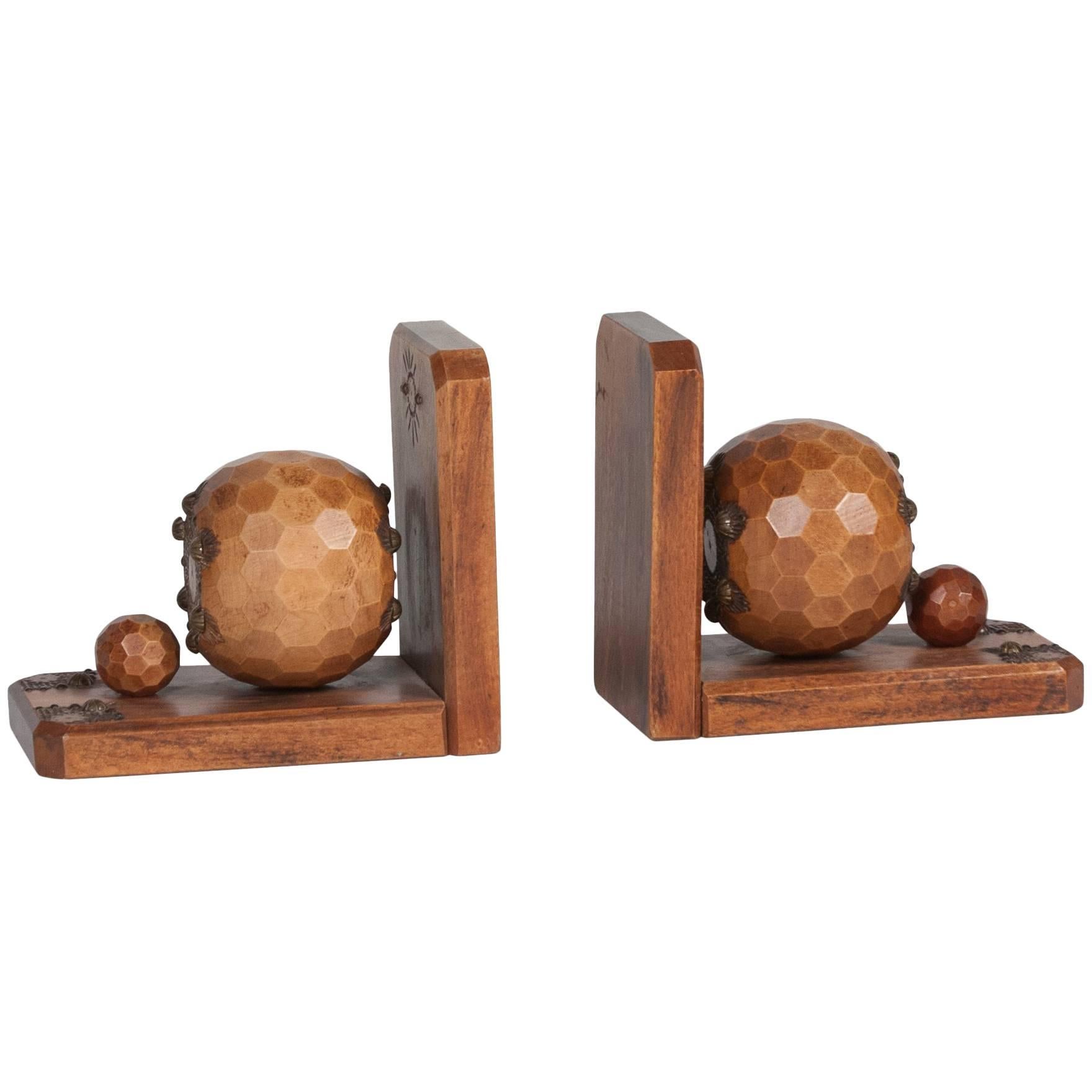 Faceted Sphere Oak Bookends, French, circa 1930 For Sale