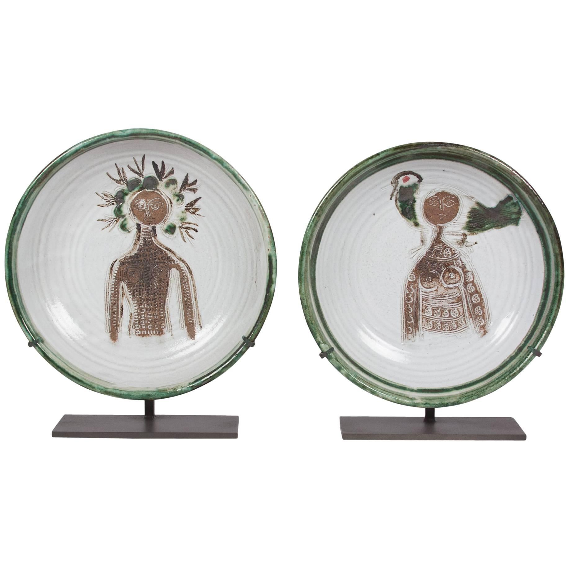 Set of Two Glazed Stoneware Chargers by Albert Thiry, French, circa 1950 For Sale