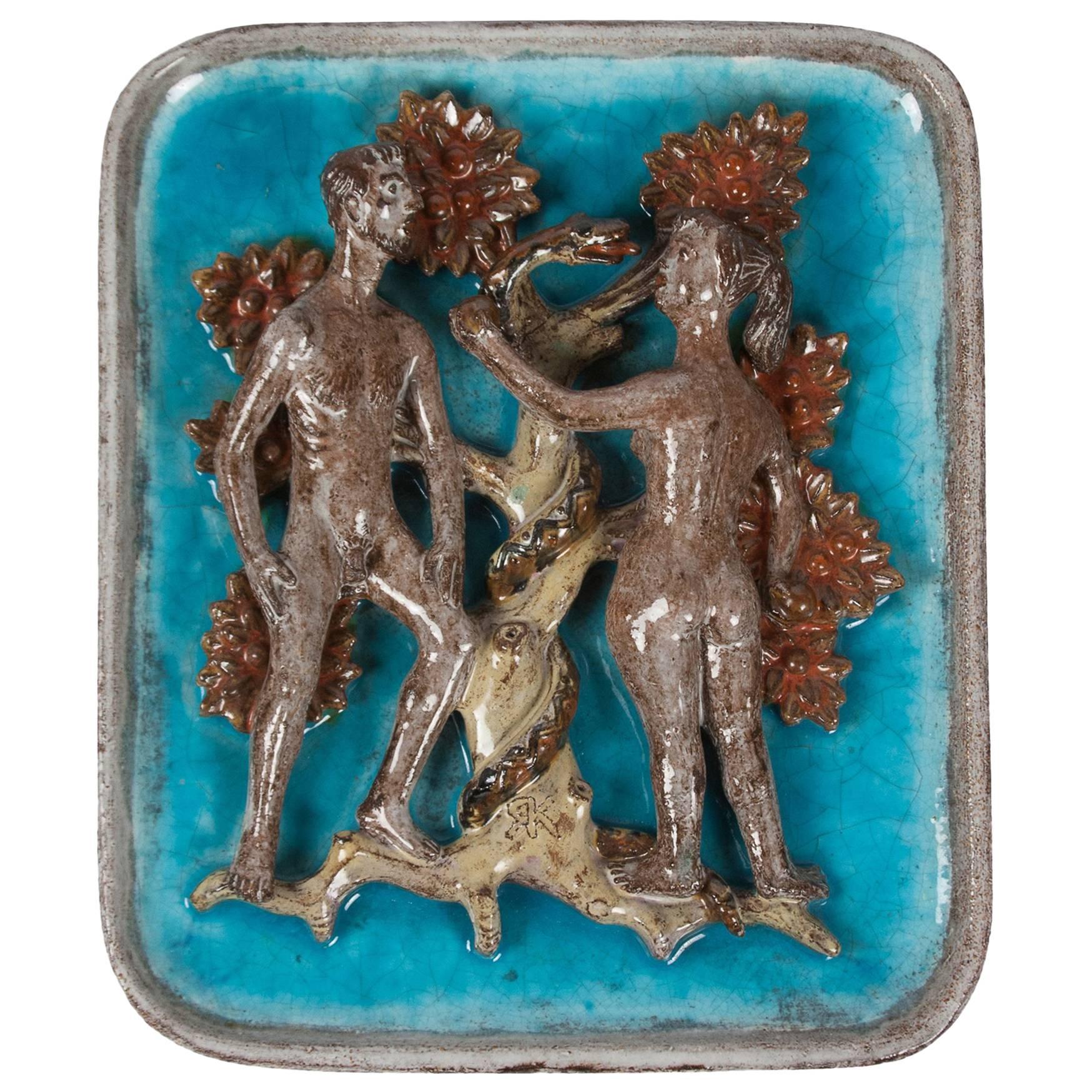 Figurative Ceramic Plaque Depicting Adam, Eve and the Serpent, German, 1930s For Sale