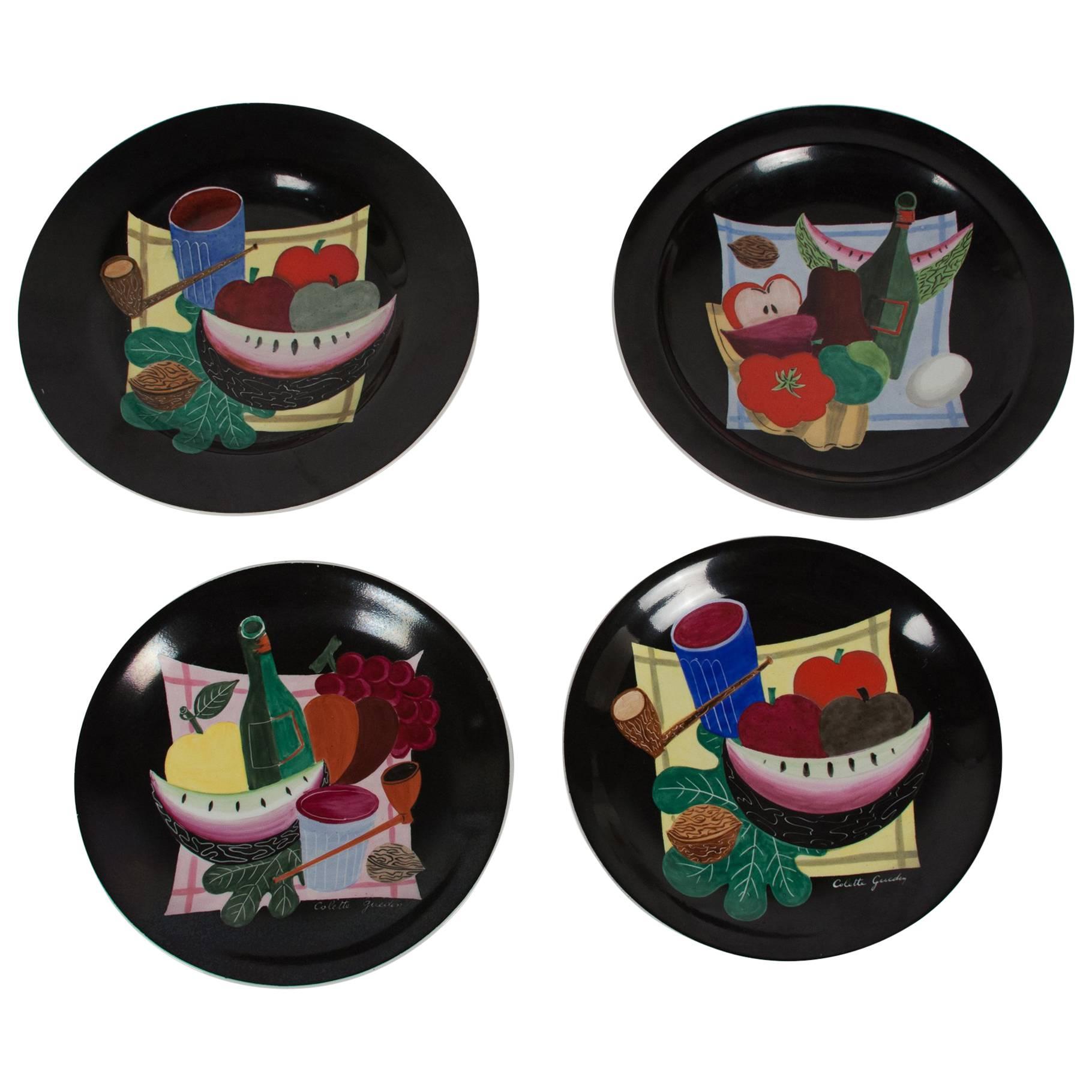Set of Four Still-Life Plates by Colette Gueden for Primavera For Sale