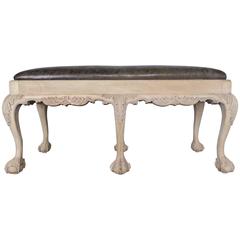 French Carved Wood Six Legged Bench with Leather, circa 1930