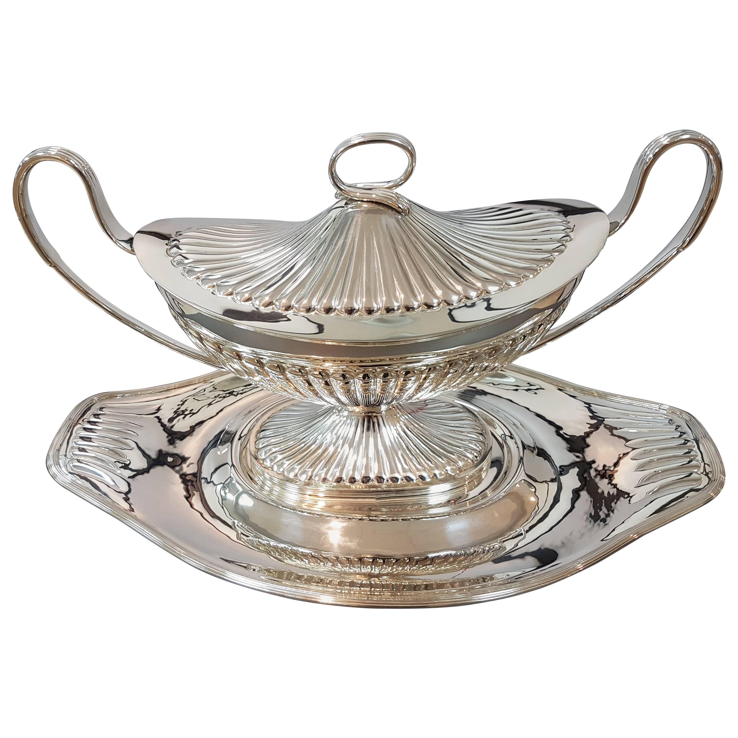 20th Century Italian Silver Tureen & Tray Adams revival. Enbossed ceased by hand For Sale